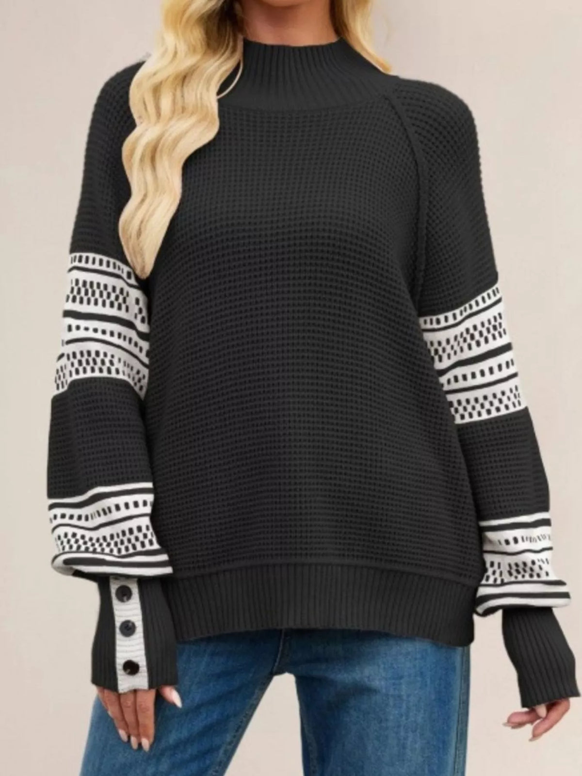 Waffle Knit Mock Neck Sweater - Black - View 2