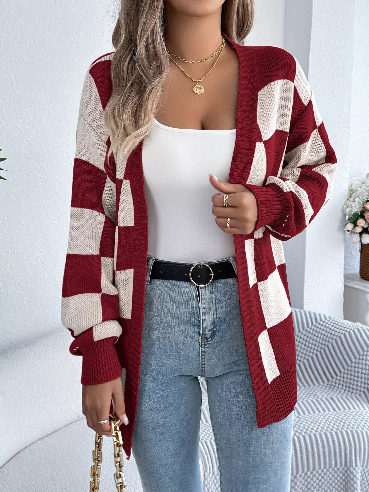 Checkerboard Pattern Open Front Knit Cardigan - Burgundy - View 5
