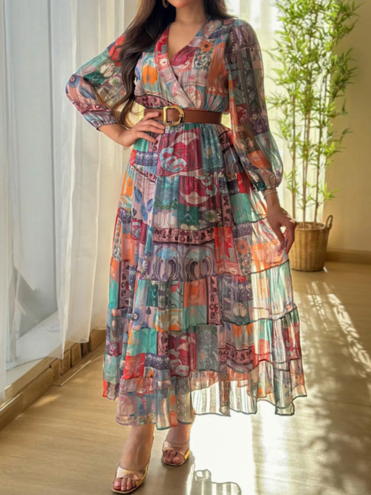 Printed Surplice Long Sleeve Maxi Dress - Multicolor - View 1