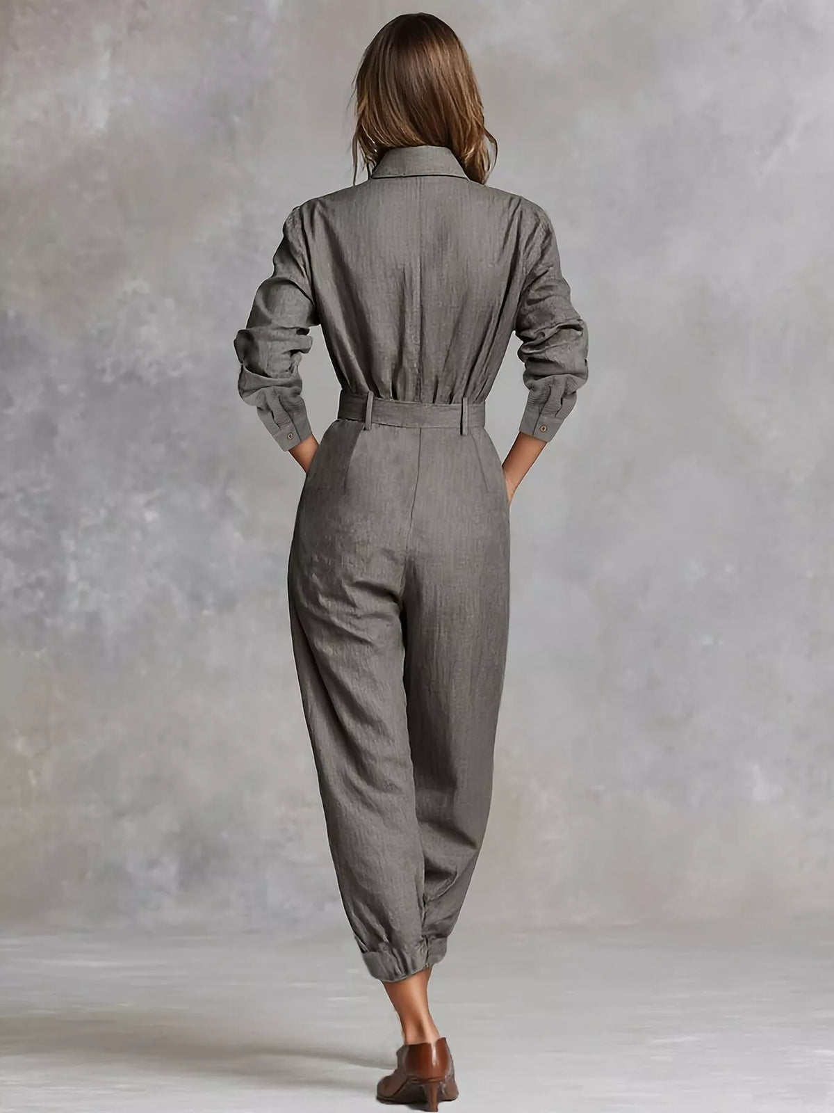 Button Front Long-Sleeve Jumpsuit - Gray - View 4