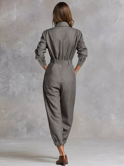 Button Front Long-Sleeve Jumpsuit - Gray - View 4