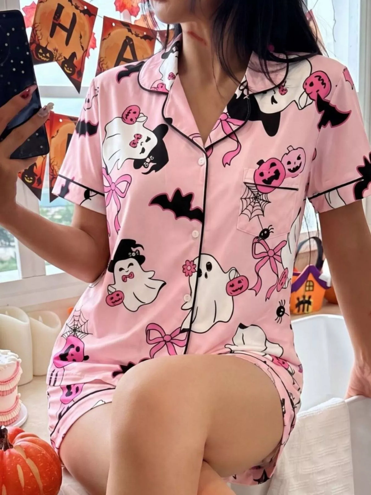 Halloween Ghost Print Button-Down Top and Shorts Lounge Set - Pink - View 3