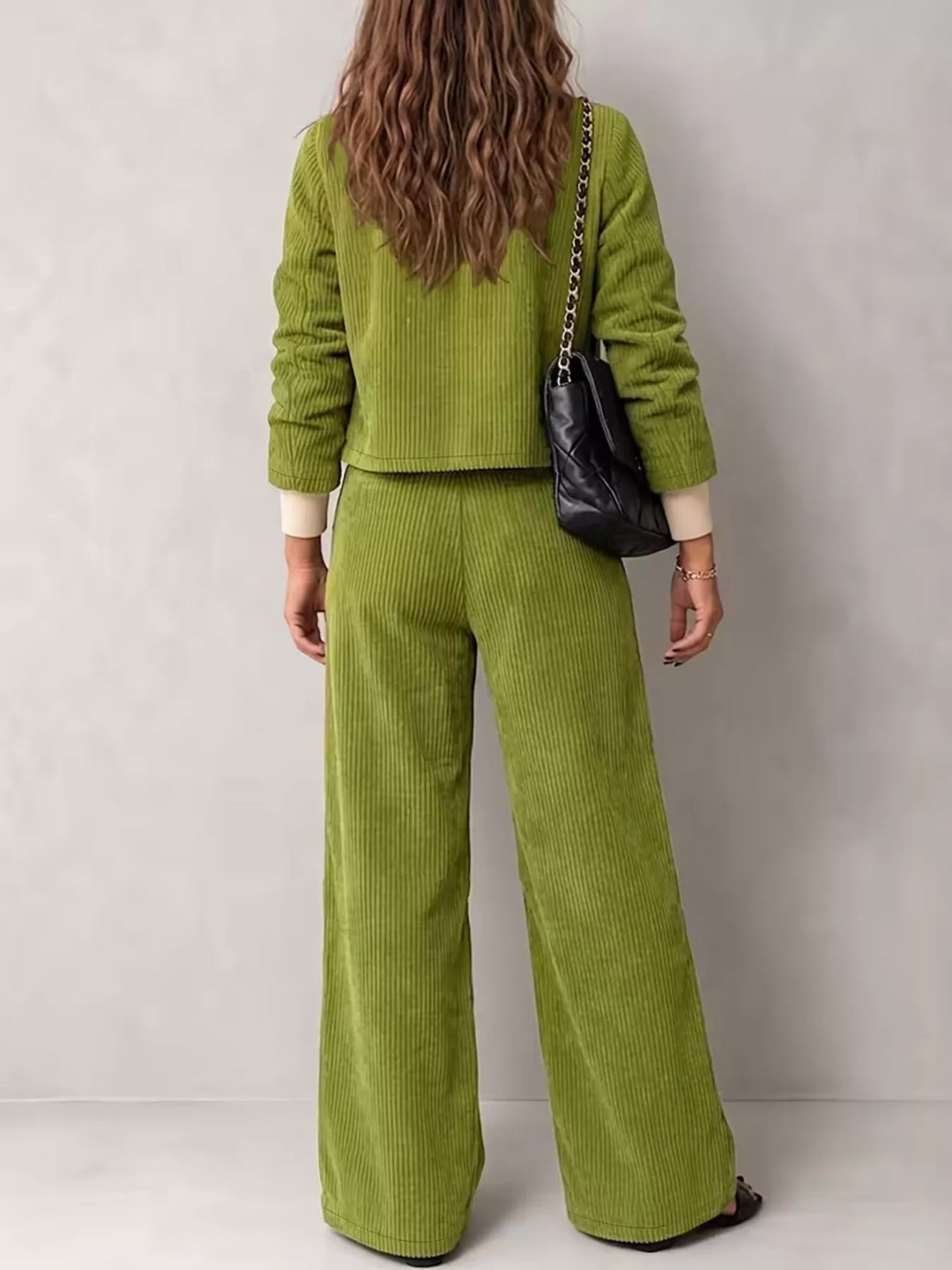 Full Size Corduroy Button-Down Jacket and Wide-Leg Pants Two-Piece Set Plus Size - Matcha Green - View 2