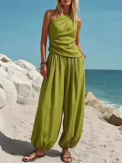Full Size One-Shoulder Sleeveless Top and Harem Pants Set Plus Size - Green - View 1