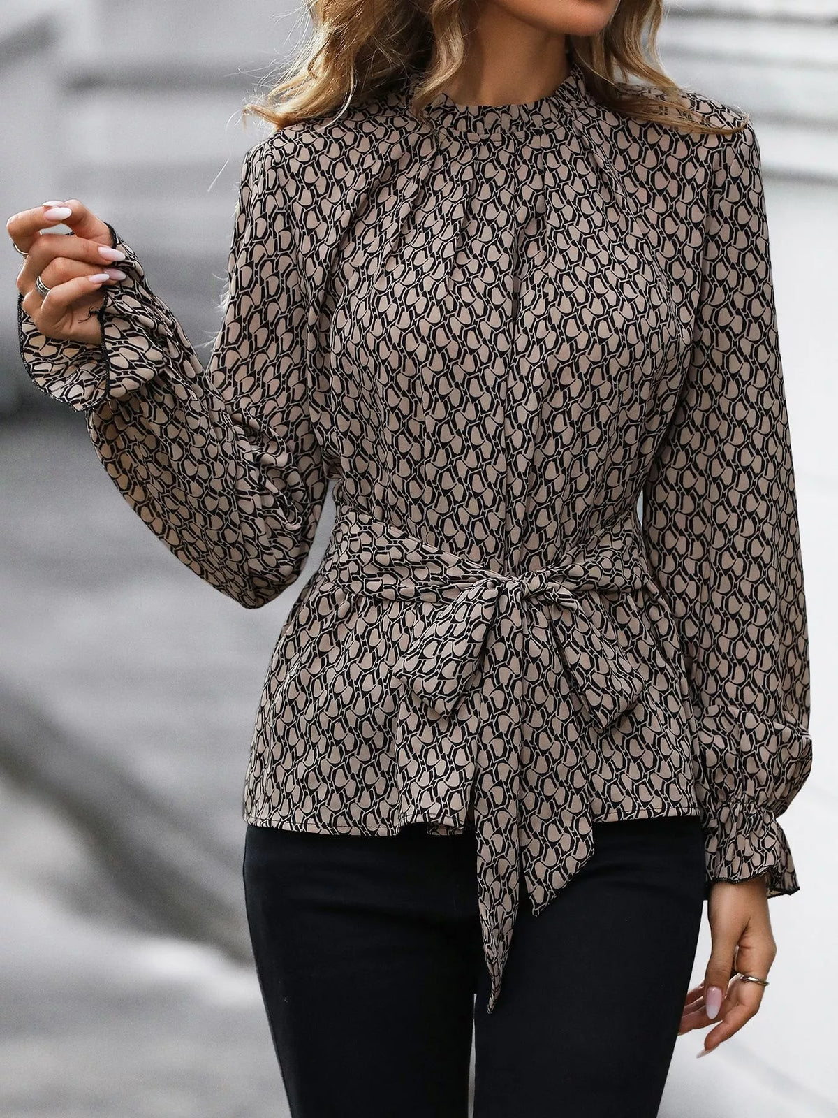 Printed Tie-Waist Flounce Sleeve Blouse - Khaki - View 6