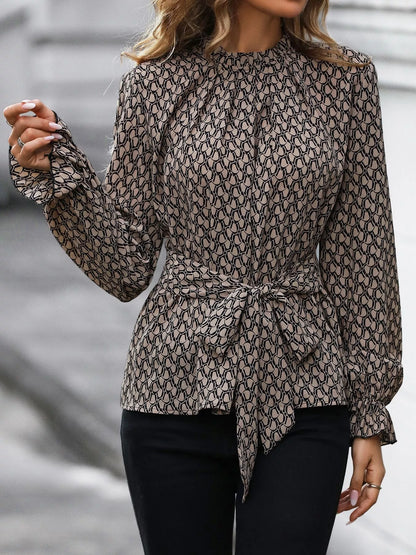 Printed Tie-Waist Flounce Sleeve Blouse - Khaki - View 6