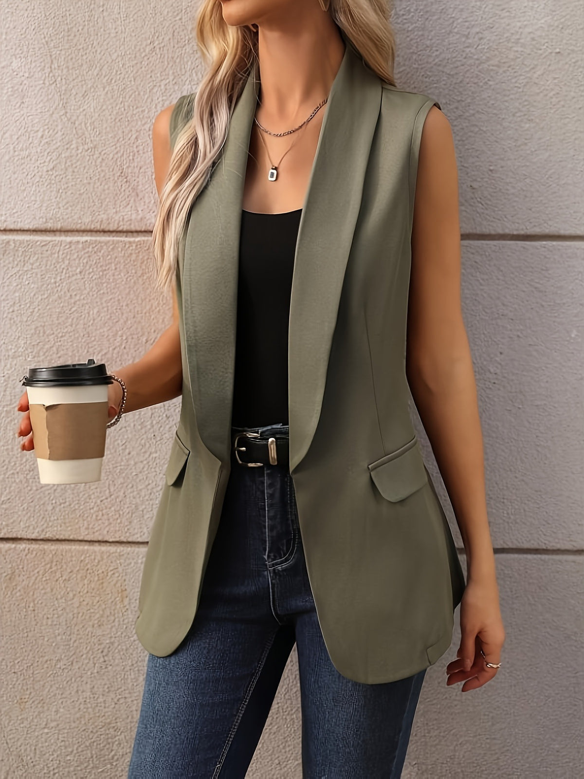 Sleeveless Shawl Collar Vest Coat - Moss - View 2