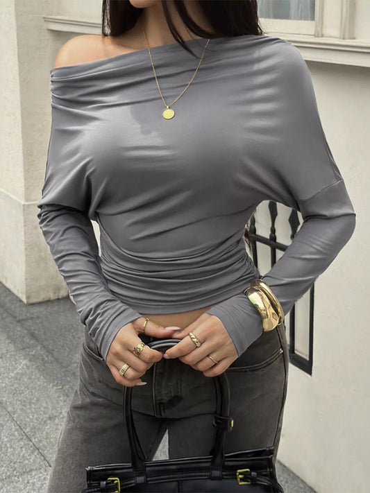 Ruched Long Sleeve Slim Fit T-Shirt - Dark Gray - View 2