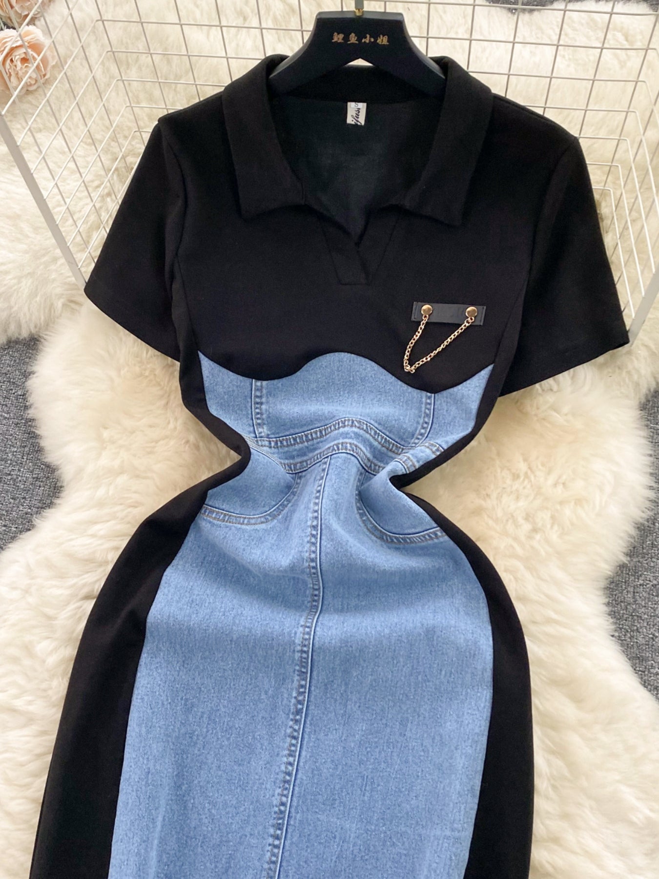 Full Size Color Block Denim Patchwork Bodycon Mini Dress Plus Size - Sky Blue - Front Detail Flat Lay View