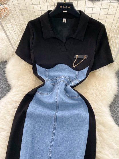 Full Size Color Block Denim Patchwork Bodycon Mini Dress Plus Size - Sky Blue - Front Detail Flat Lay View