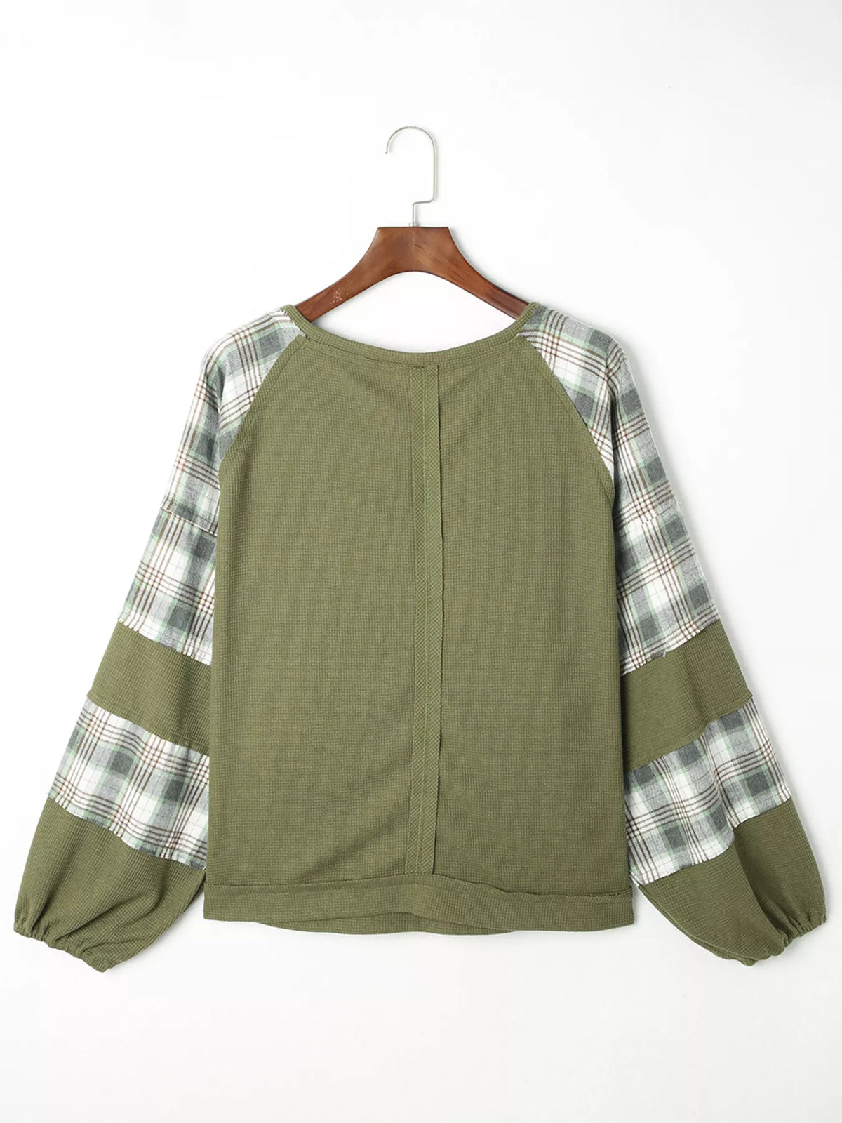 Plaid Patch Waffle Knit Exposed Seam Bubble Sleeve Top - Moss - View 6