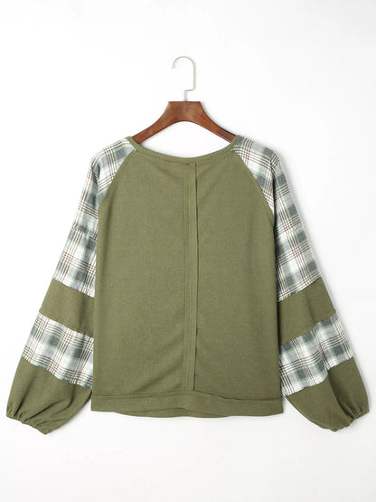 Plaid Patch Waffle Knit Exposed Seam Bubble Sleeve Top - Moss - View 6