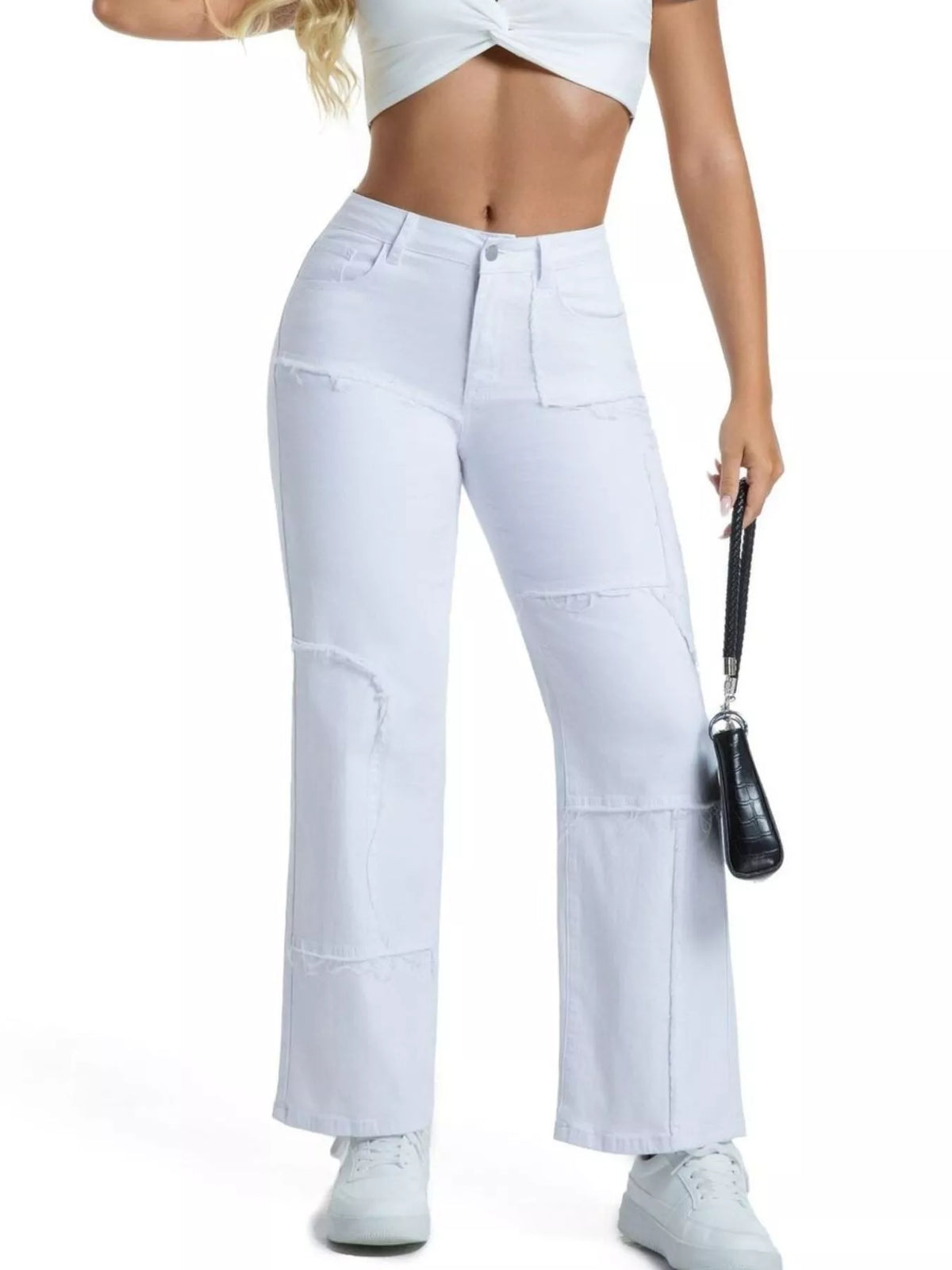 Frayed Edge Straight Leg Jeans - White - View 2