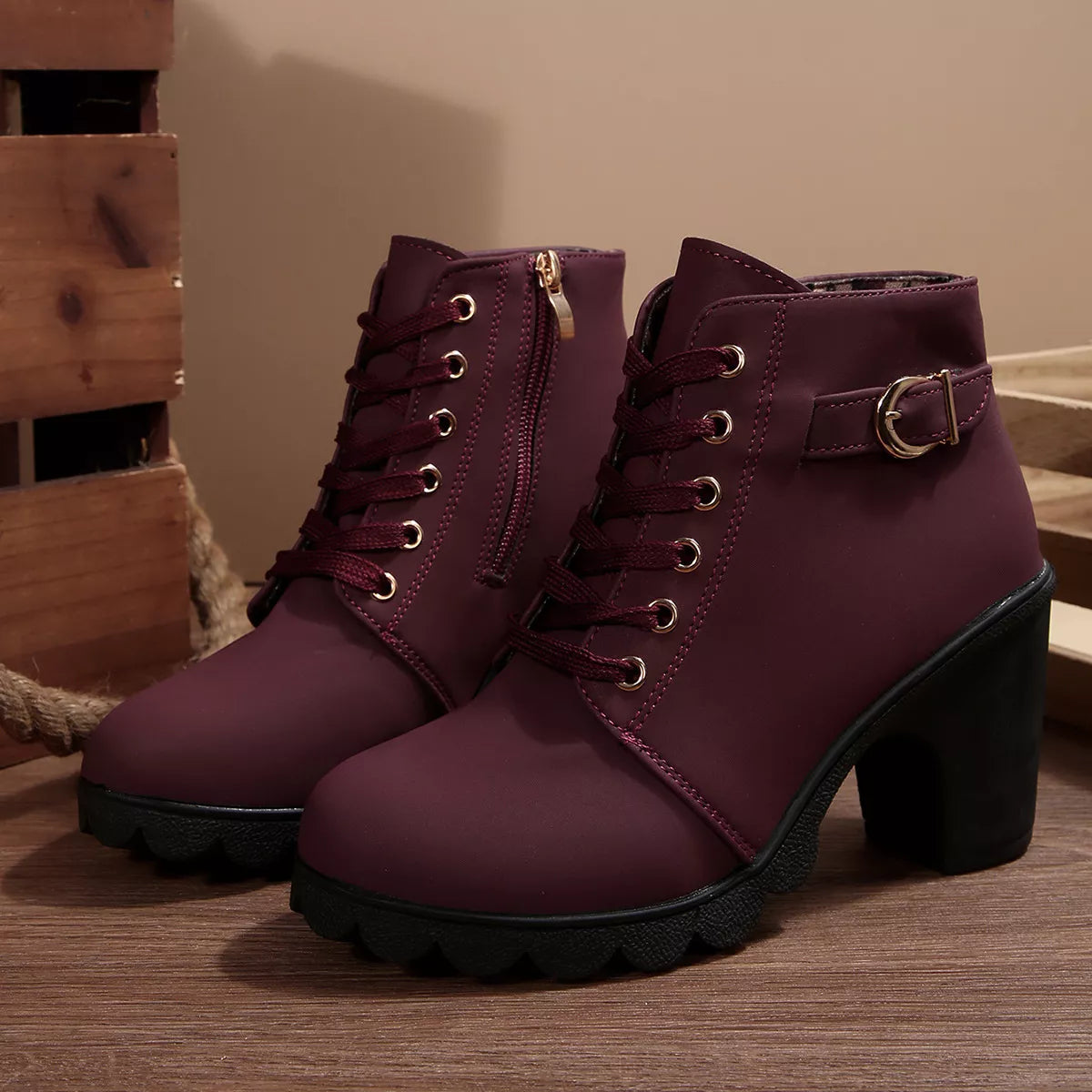 Lace Up Block Heels Boots - Burgundy - View 15