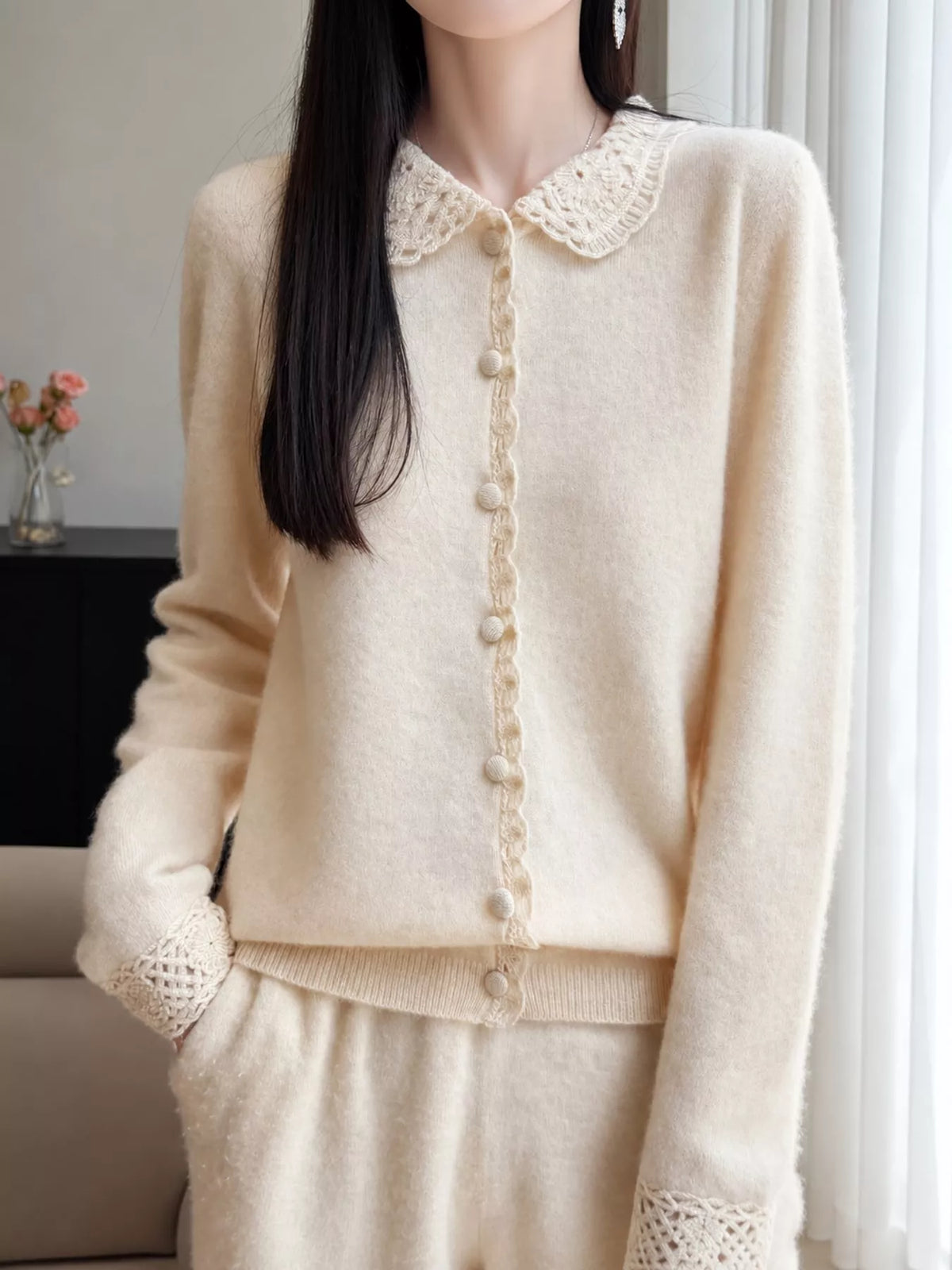 Lace-Collar Button Down Knit Cardigan - Beige - View 7