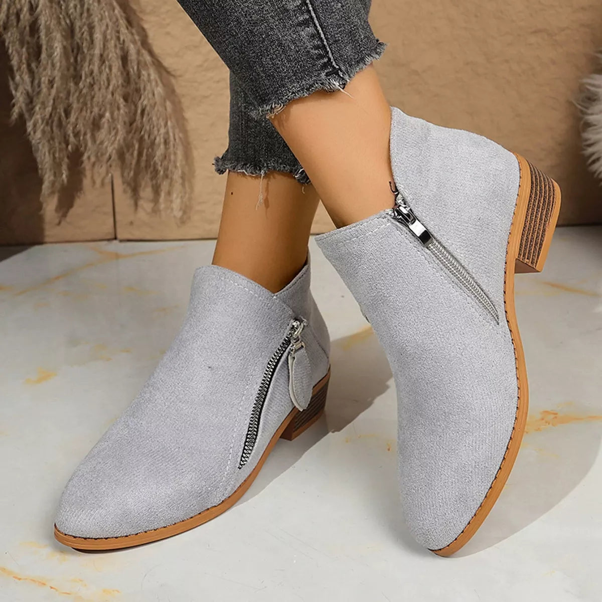 Point Toe Block Heels Boots - Gray - View 11