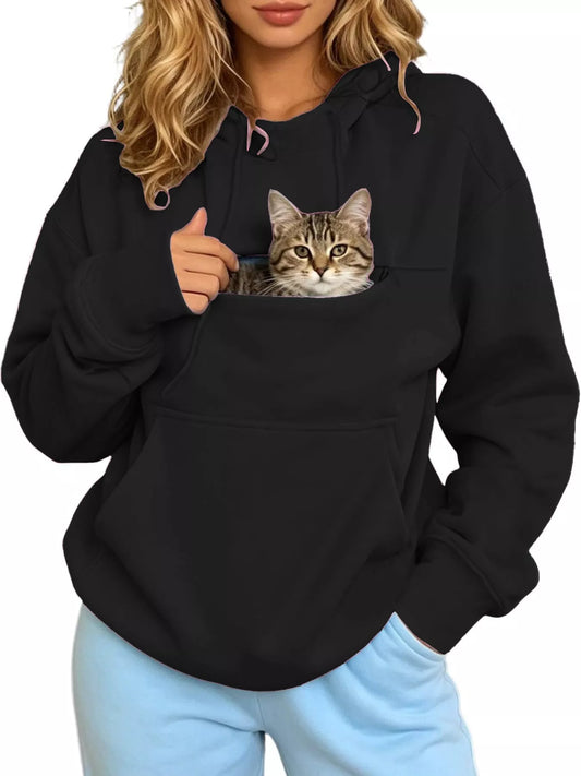 Full Size Cat Pouch Drawstring Hoodie Plus Size - Black - View 1