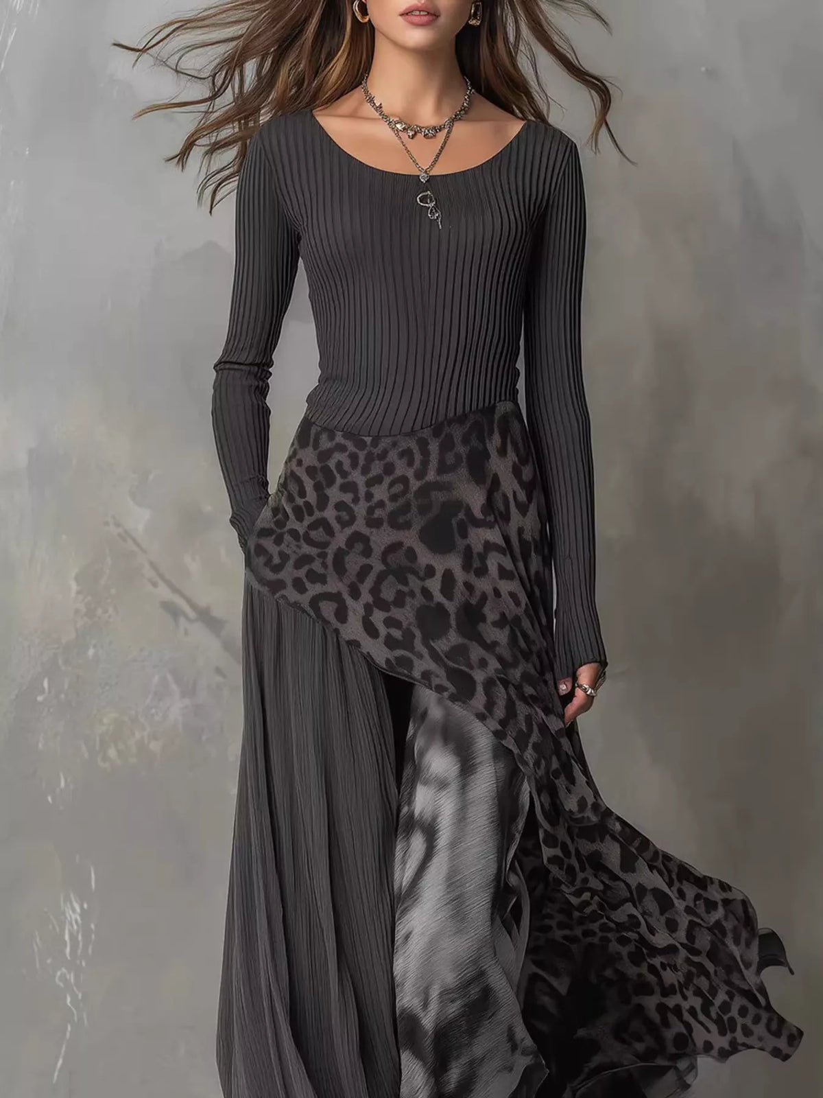 Ribbed Knit Leopard Print Patchwork Maxi Dress - Black - View 3