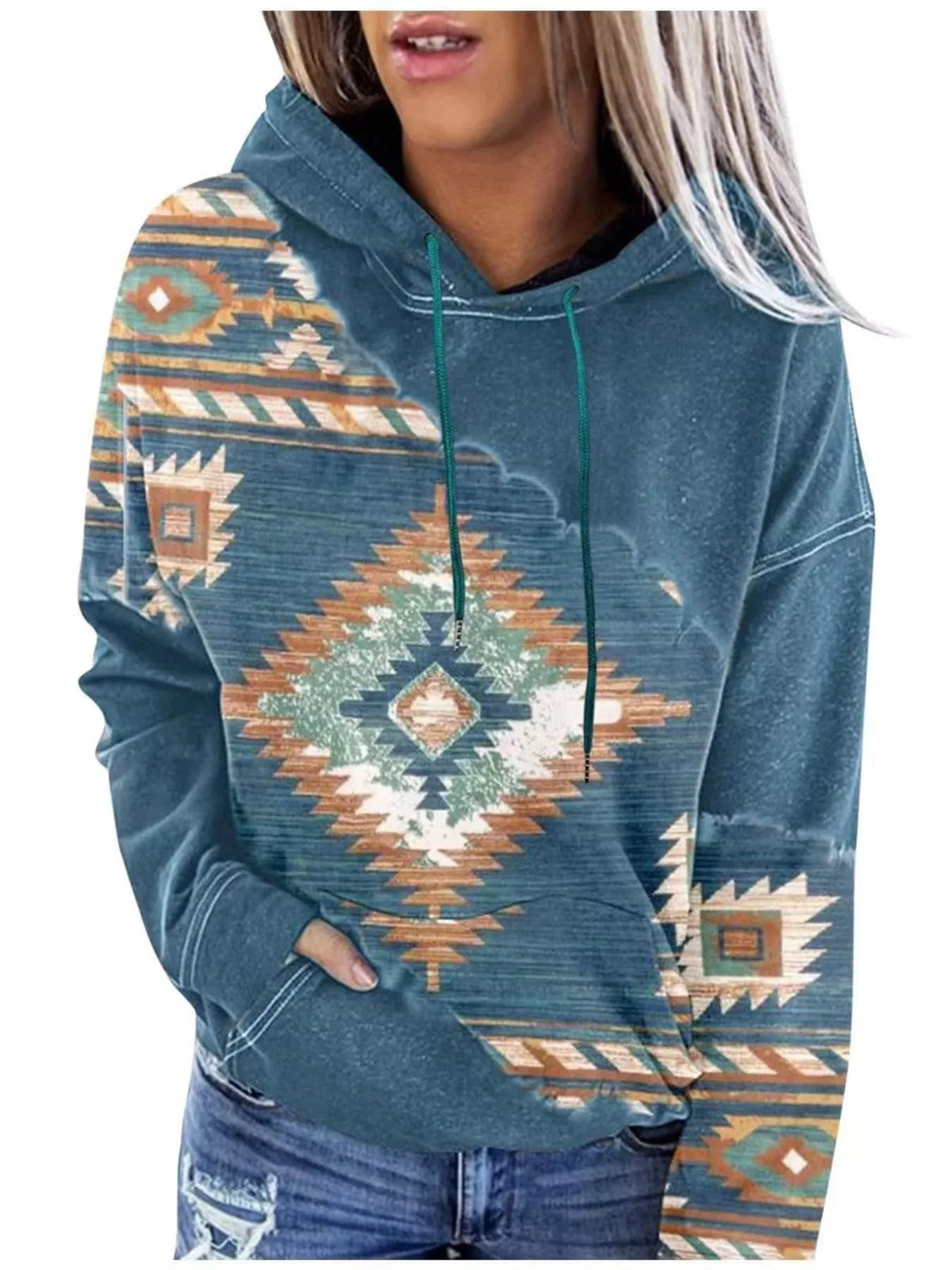 Full Size Aztec Print Hoodie with Kangaroo Pocket Plus Size - Lake Blue - View 3
