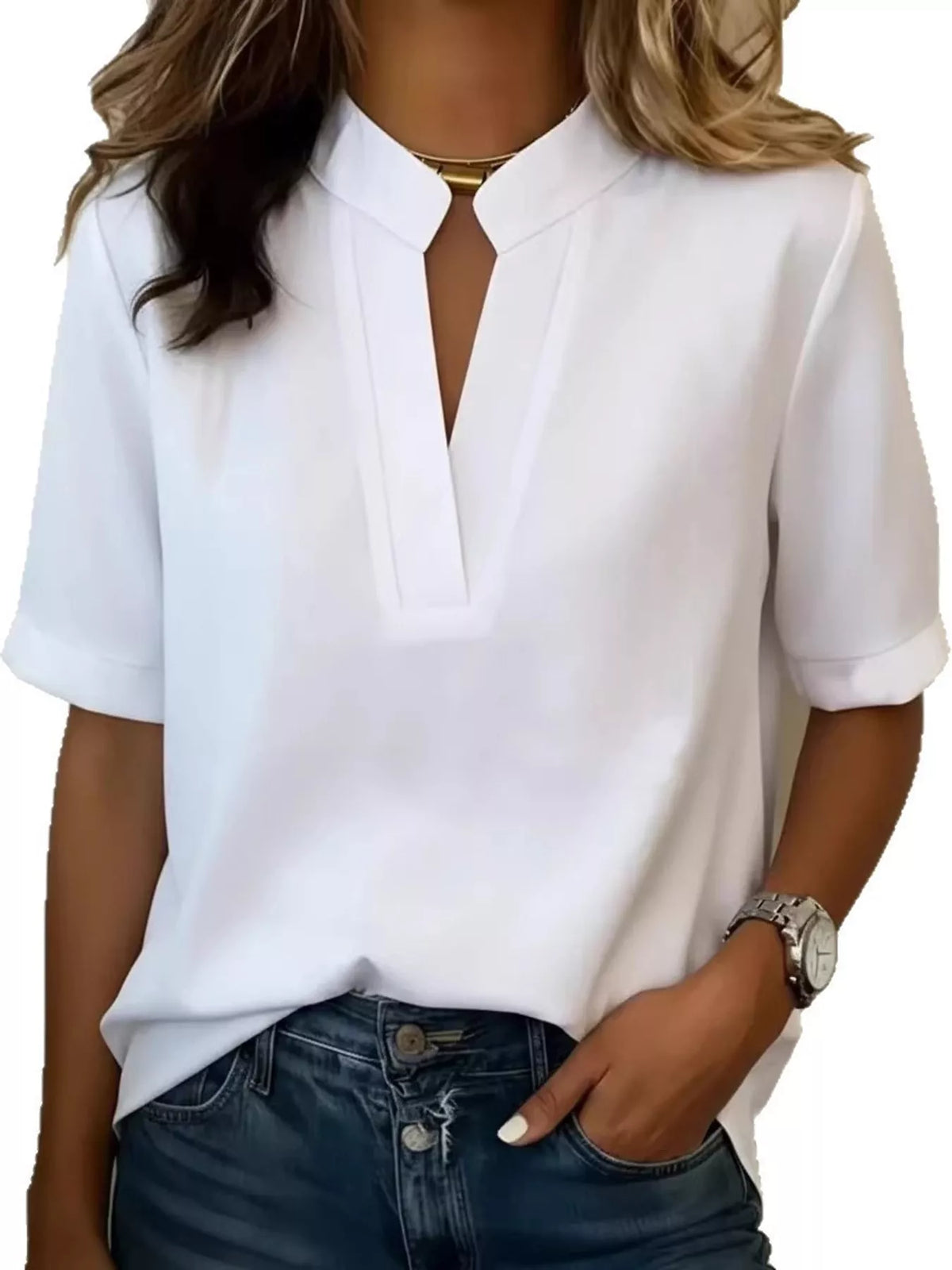 Full Size Notched Short Sleeve Blouse Plus Size - White - View 11