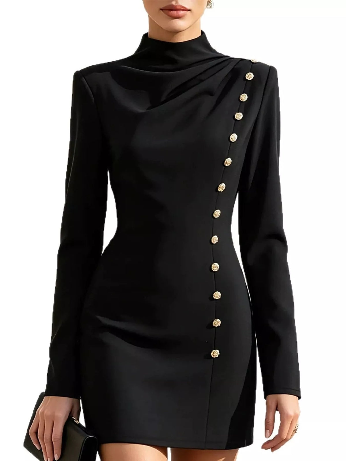 Full Size Decorative Button Mock Neck Mini Dress Plus Size - Black - View 5