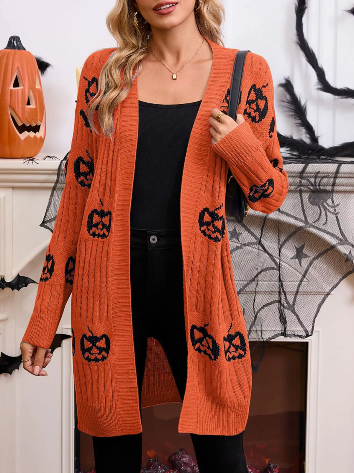 Halloween Pumpkin Open Front Knit Cardigan - Orange - View 1
