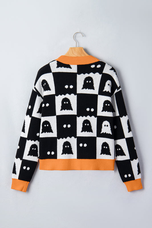 Black Geometric Ghost Print Drop Shoulder Knit Cardigan - Black - 5