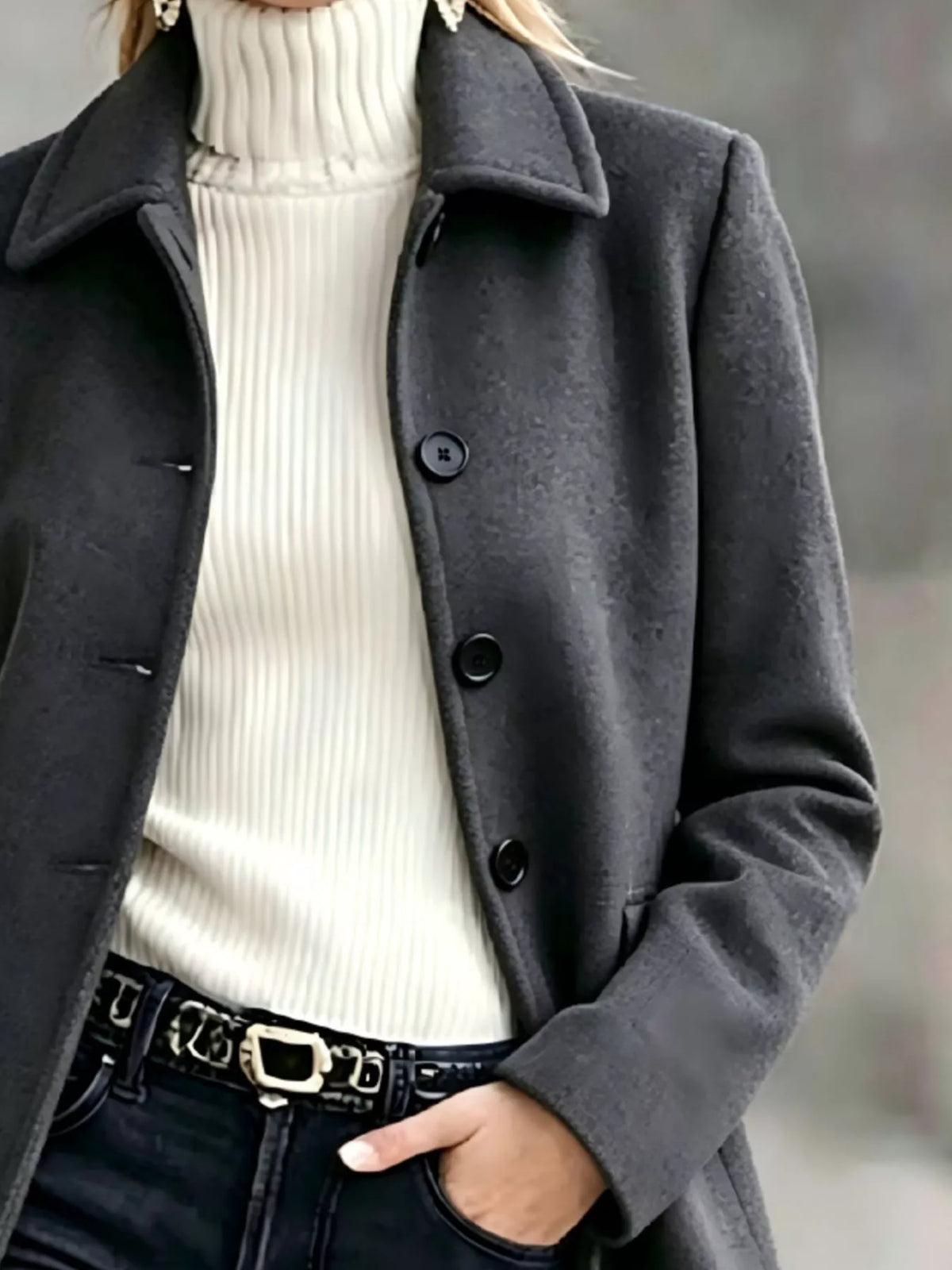 Button Up Collared Neck Coat - Dark Gray - View 12