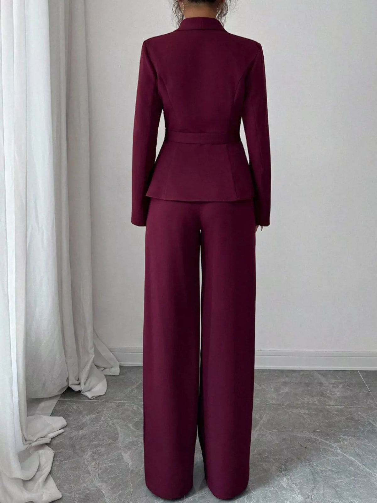 One Button Blazer and Pants Set - Burgundy - View 33
