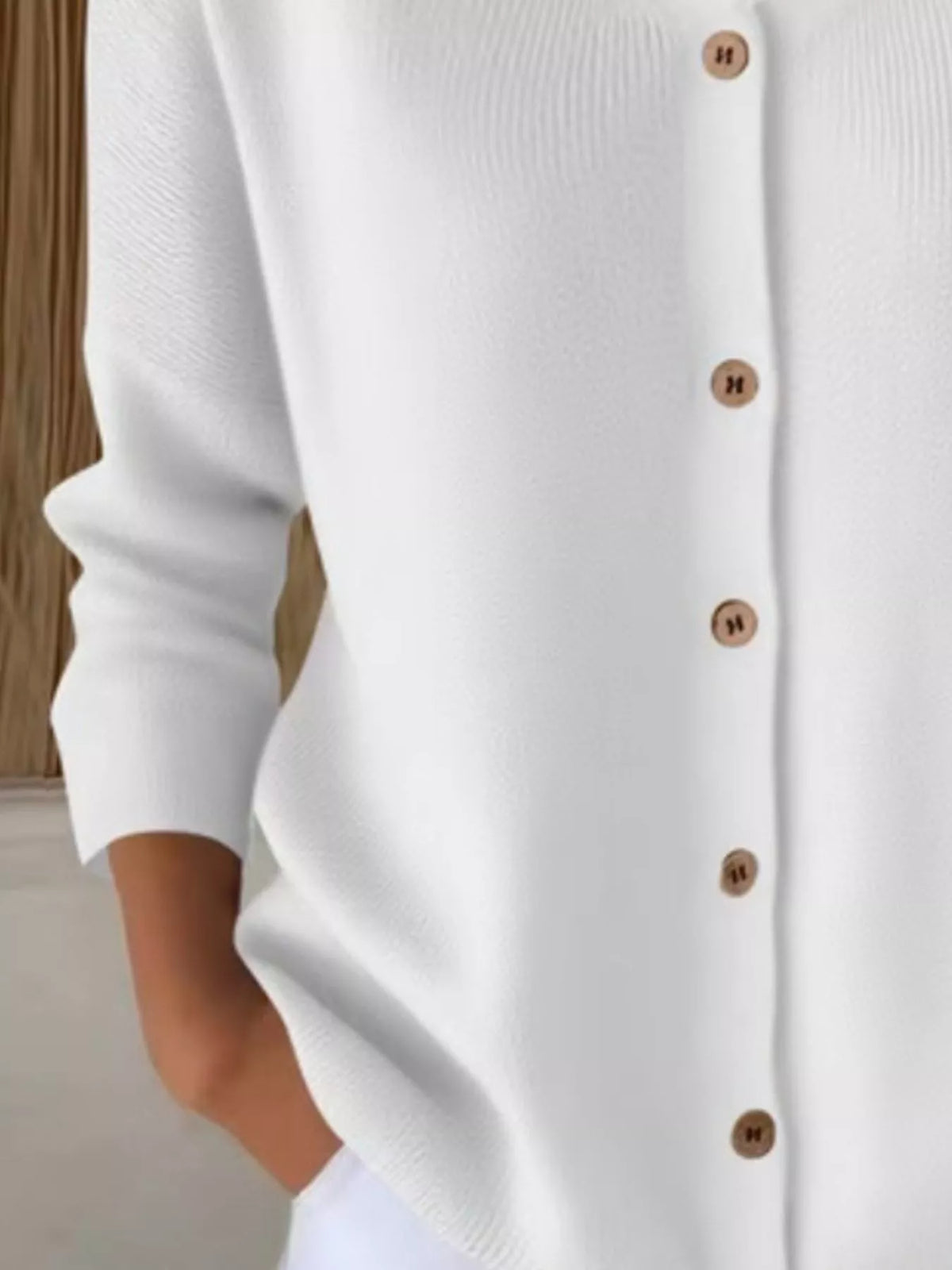 V-Neck Button-Down Ribbed Knit Cardigan - White - View 3