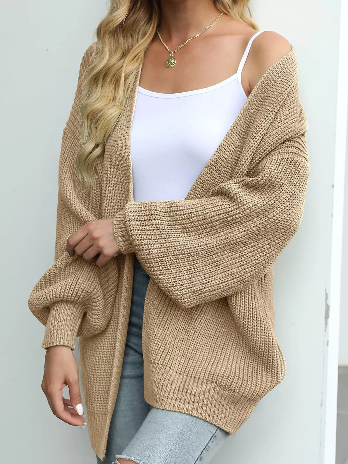 Chunky Knit Open Front Cardigan with Lantern Sleeves - Khaki - View 12