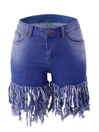 Fringed Hem Denim Shorts - Dark Blue - View 3
