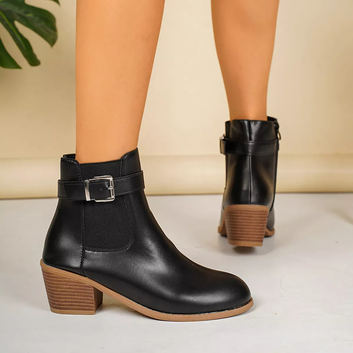 Point Toe Block Heels Boots - Black - View 5