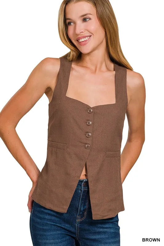 Zenana Linen Tie-back 4-button Vest with Lining - BROWN - View 1