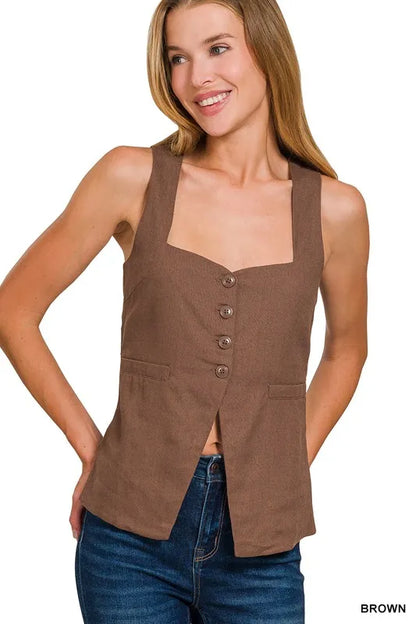 Zenana Linen Tie-back 4-button Vest with Lining - BROWN - View 1