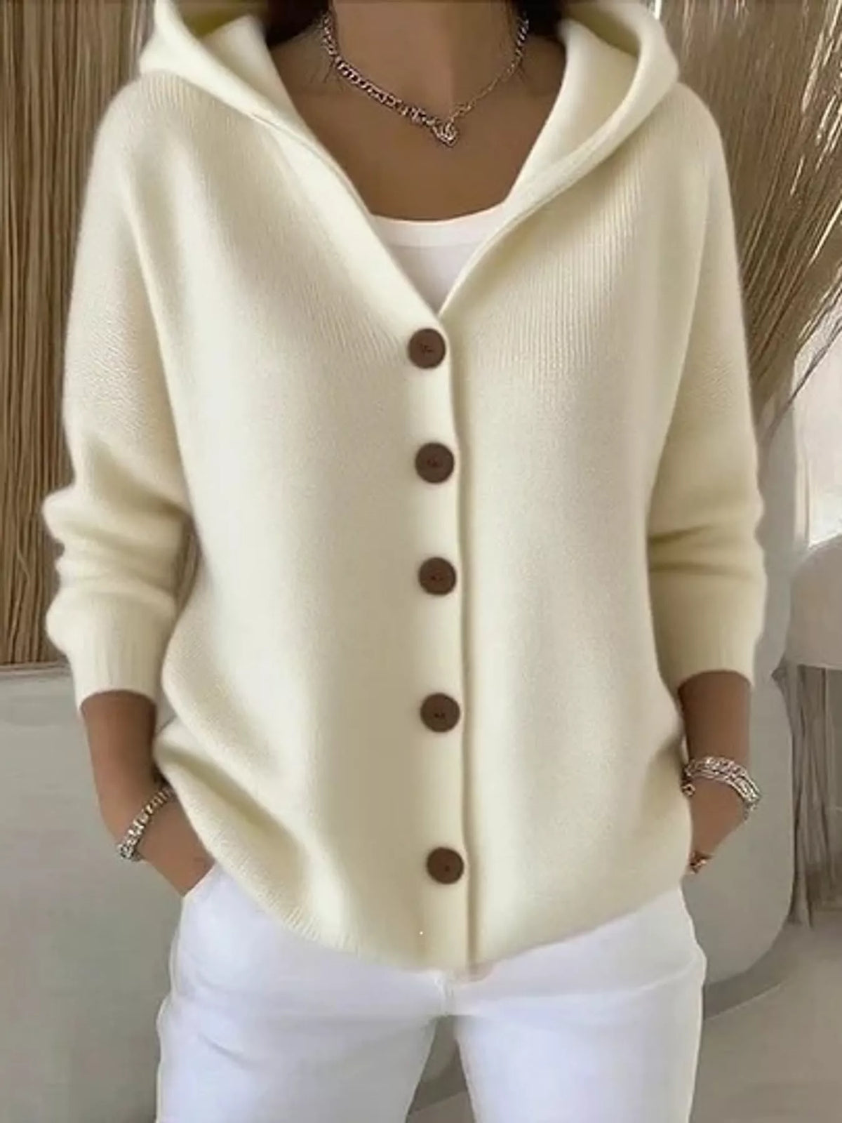 Full Size Hooded Button-Down Knit Cardigan Plus Size - Ivory - View 19