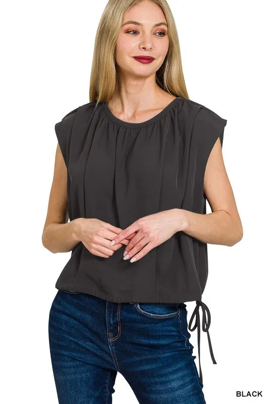Zenana Woven Drawstring Tie Side Sleeveless Top - BLACK - View 2