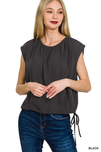 Zenana Woven Drawstring Tie Side Sleeveless Top - BLACK - View 2