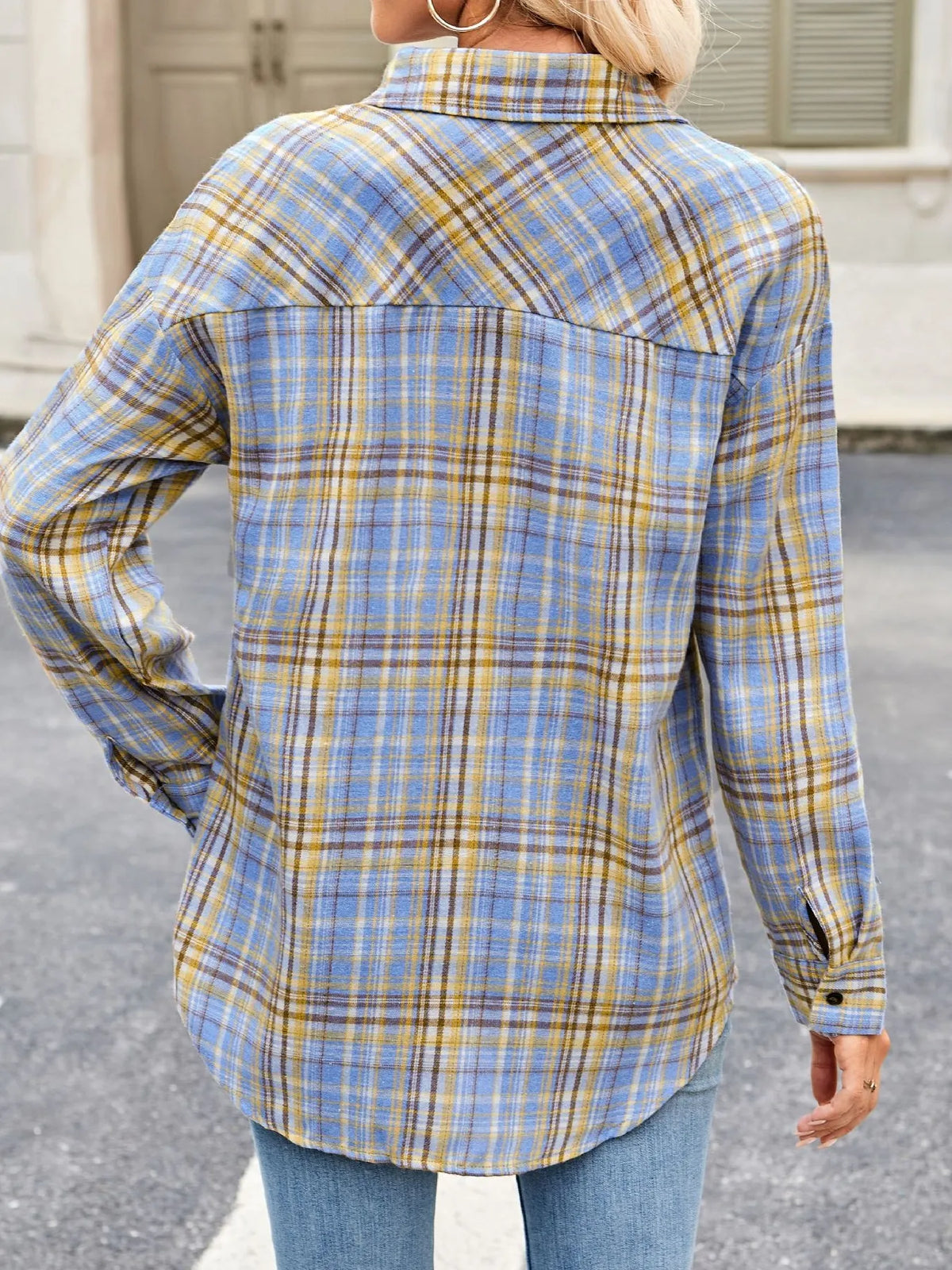 Plaid Button Up Long Sleeve Shirt - Light Blue - View 14