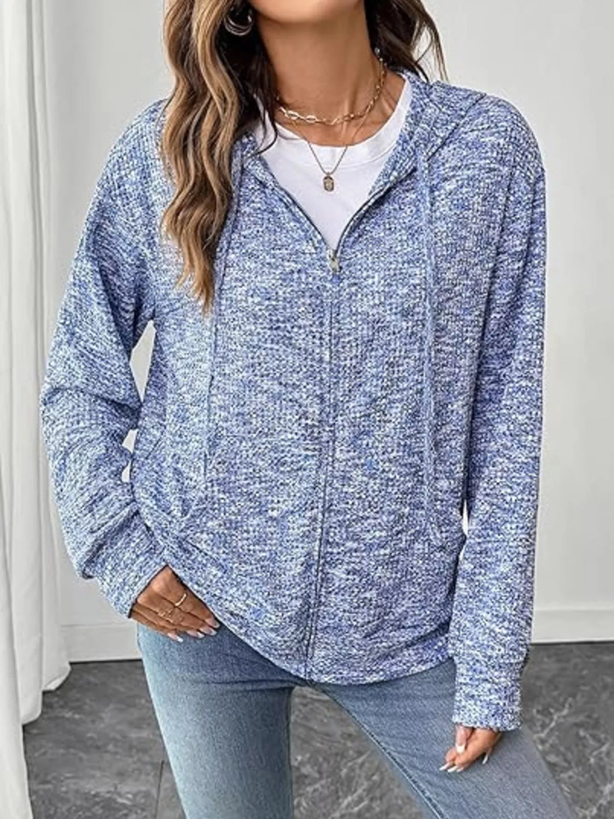 Zip-Up Drawstring Hooded Cardigan - Light Blue - View 1