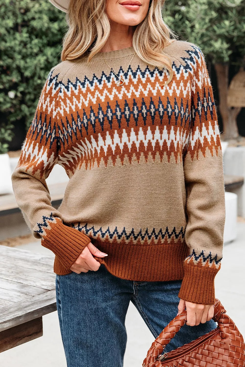 Geometric Pattern Long Sleeve Sweater - Taupe - View 1