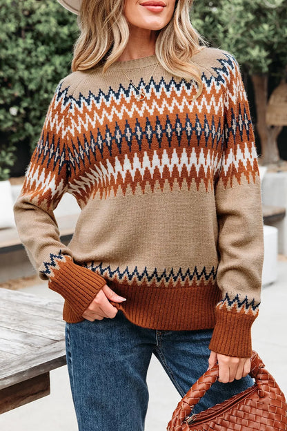 Geometric Pattern Long Sleeve Sweater - Taupe - View 1
