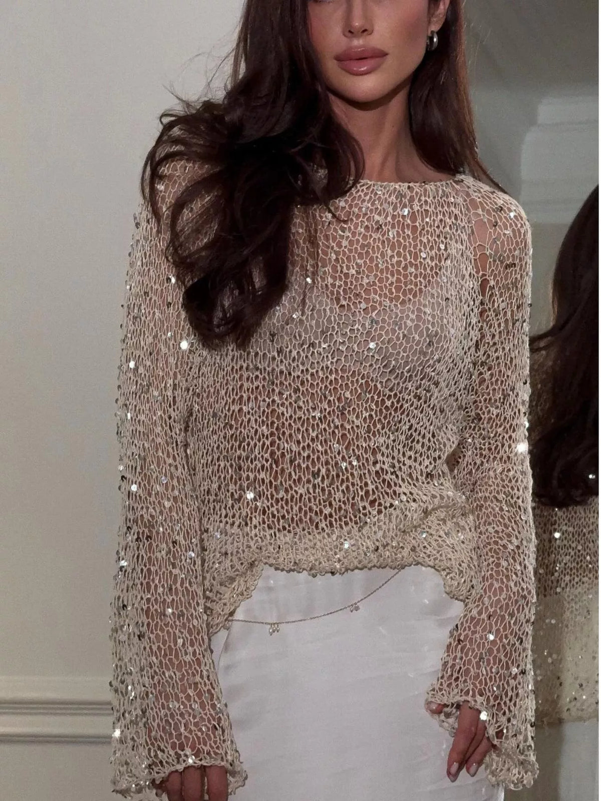 Sequin Long Sleeve Knit Cover Up - Beige - View 1