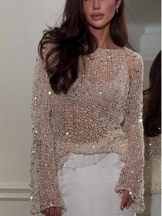 Sequin Long Sleeve Knit Cover Up - Beige - View 1