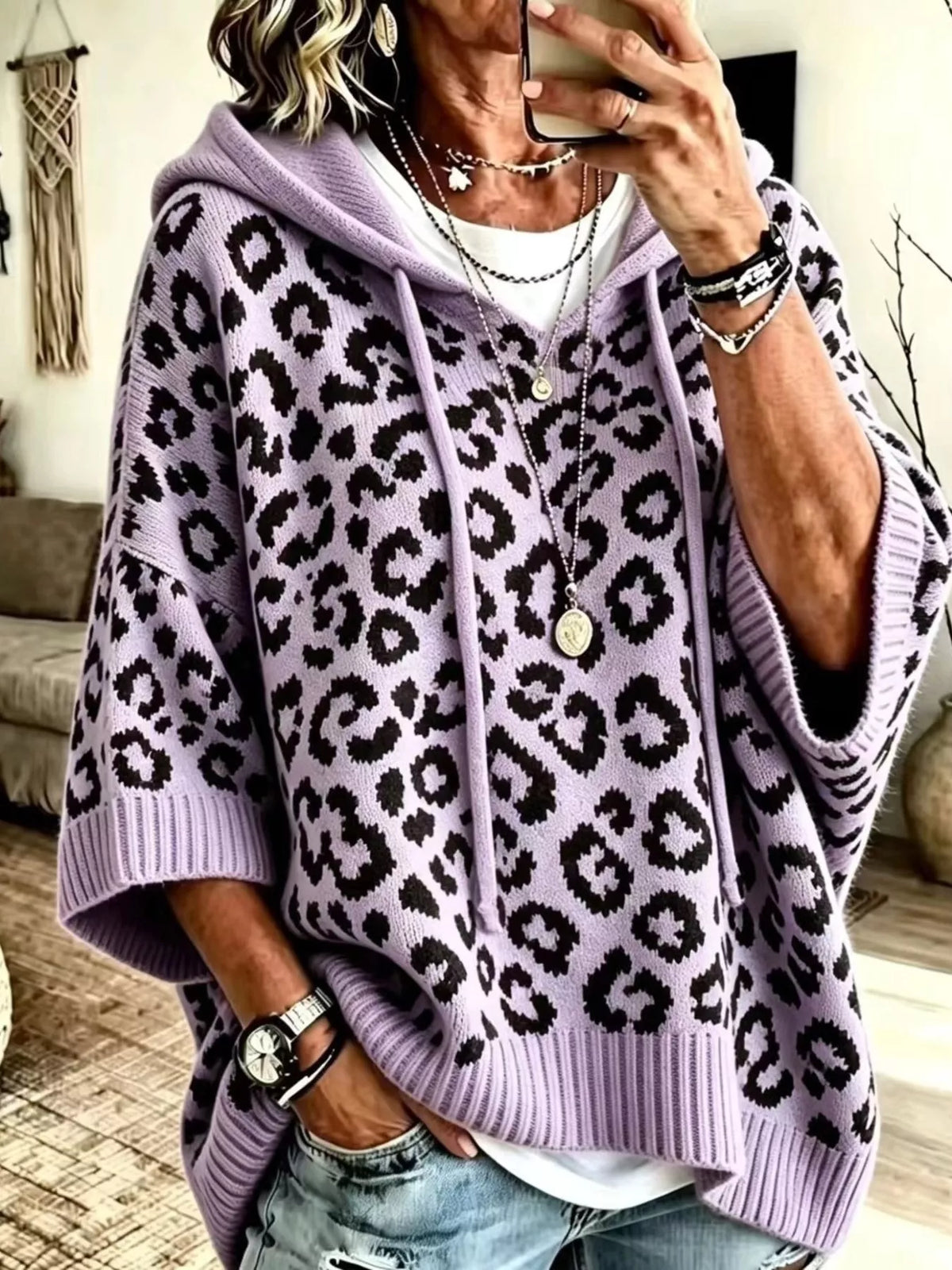Drawstring Leopard Hooded Sweater - Purple - View 16