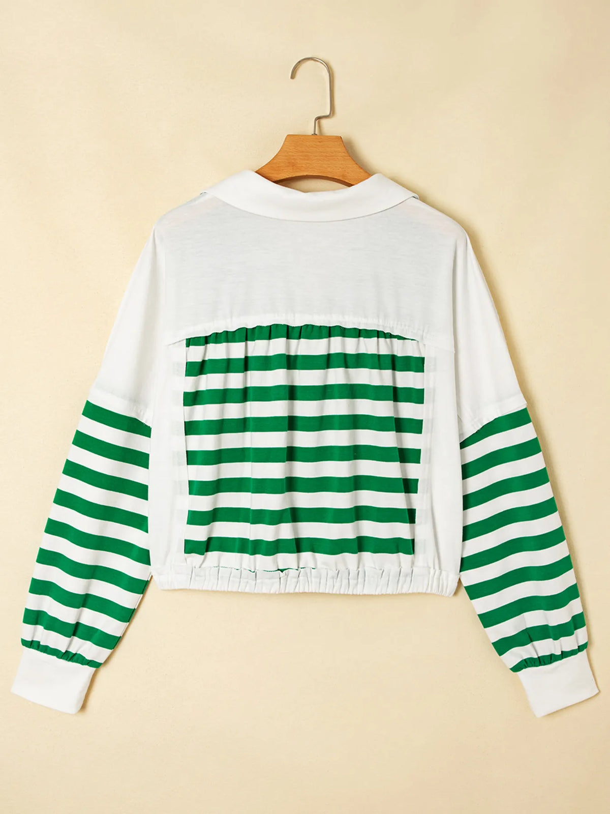 Stripe Colorblock Collared V Neck Cropped Top - Green - View 3