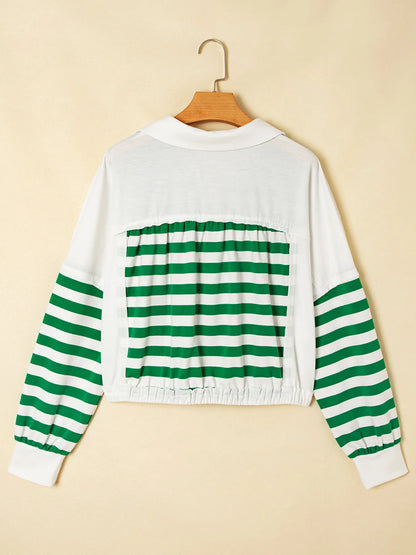 Stripe Colorblock Collared V Neck Cropped Top - Green - View 3