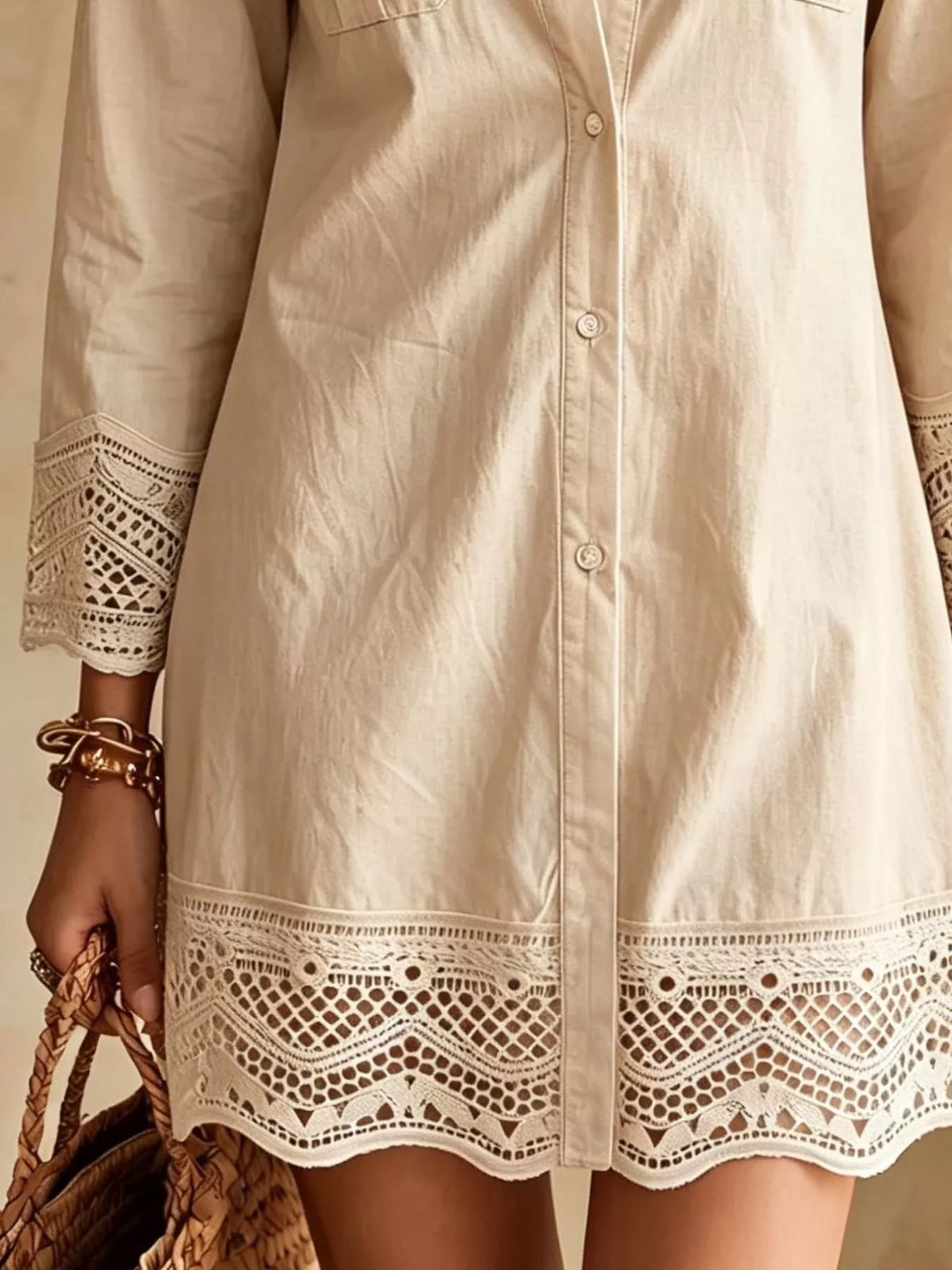 Button-Down Shirt Dress with Lace Trim - Apricot - View 2