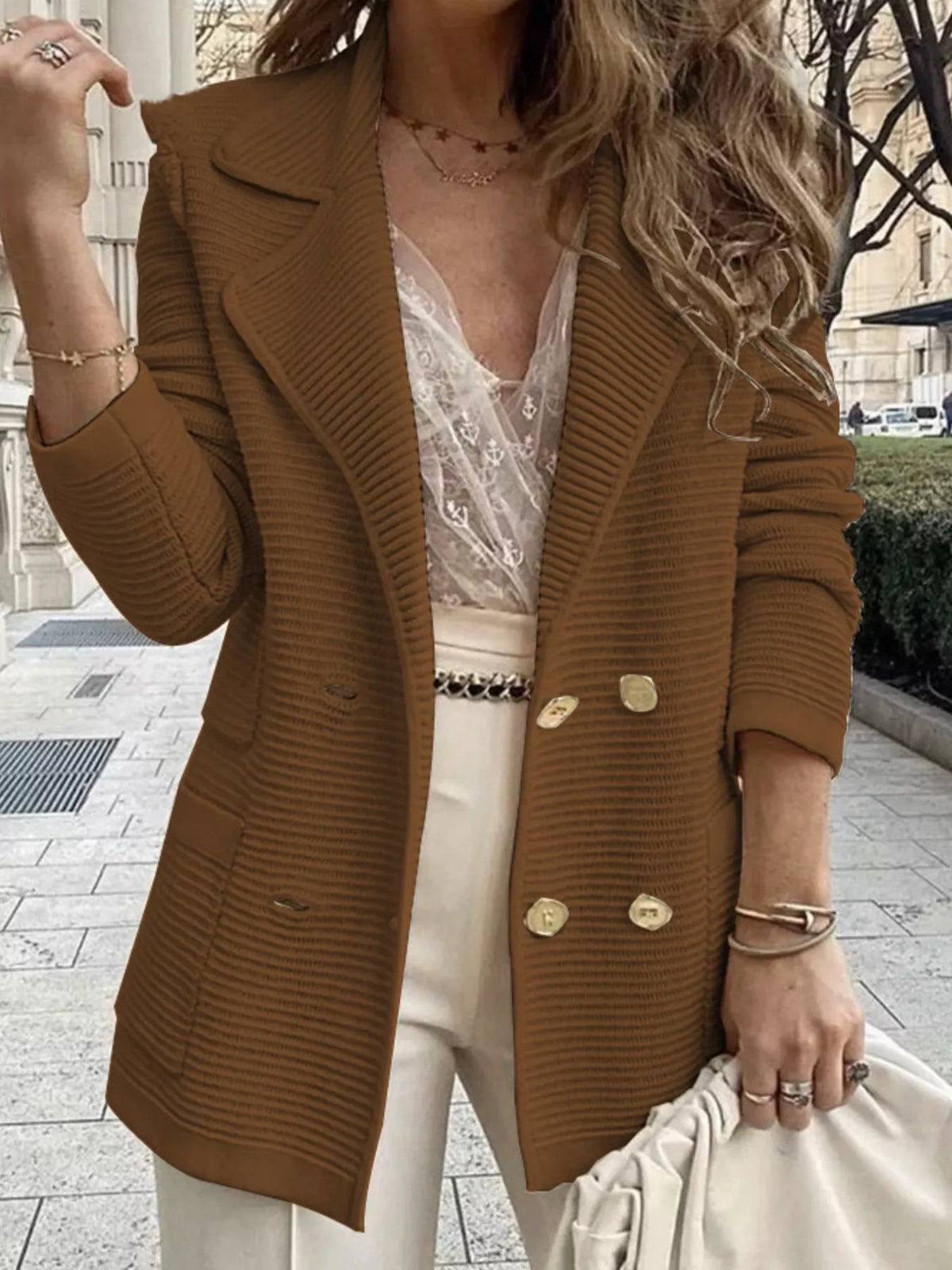 Texture Knit Double-Breasted Blazer - Coffee - View 7