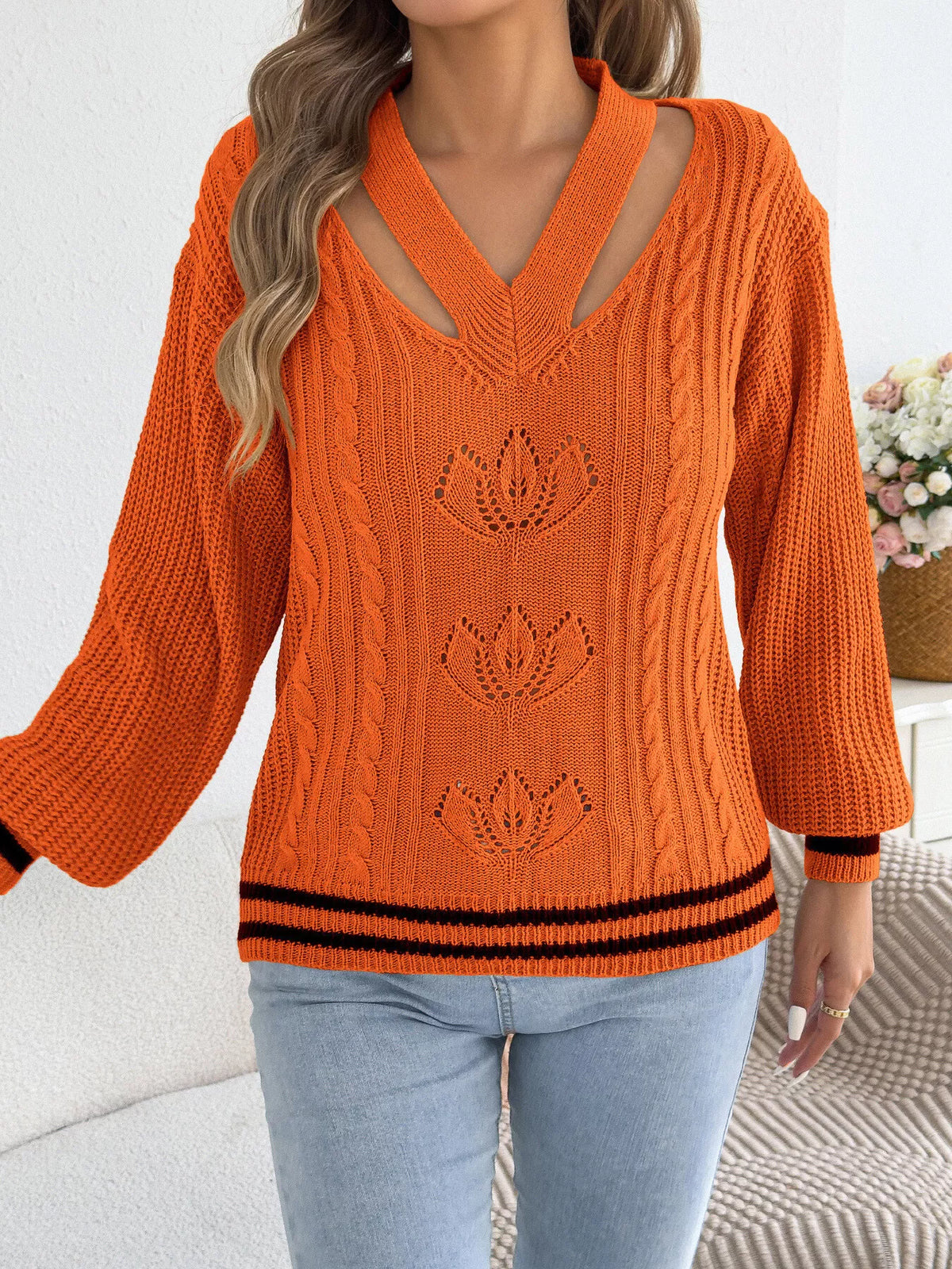 Cutout Cable Knit Sweater - Orange - View 4